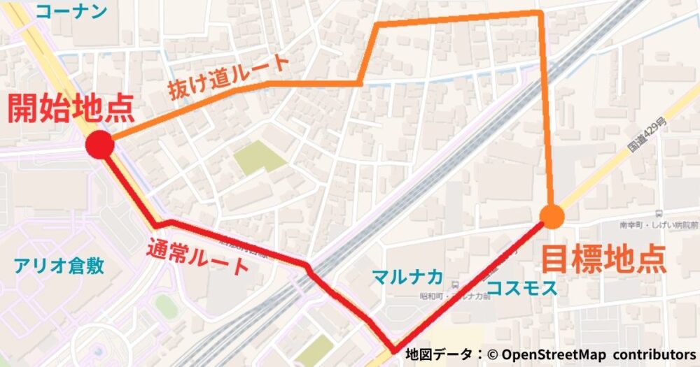 倉敷で渋滞がひどい時間帯の抜け道検証！【アリオ倉敷～昭和一丁目】